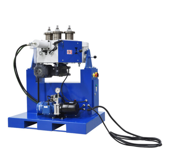 Rear-side view of the PBH-50-3HB profile bending machine showing hydraulic motor and pumps.