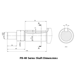 PB-40-3 shaft specification showing 40mm diameter and detailed layout for key and section views.