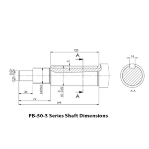 Technical shaft dimensions for PB-50-3 series with 50mm diameter and key dimensions.