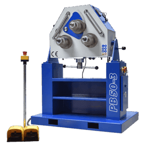 PB-50-3 profile bending machine with 50mm shaft, three driven rolls, and foot pedal control.