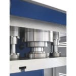 Close-up view of the slide table main piston and guide pistons on the PPCM series C-Frame Press by RHTC, sold by The Workshop Press Company UK