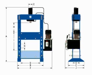 Dimensions for different sized Motorised Workshop Presses where letters displayed related to a particular dimension.