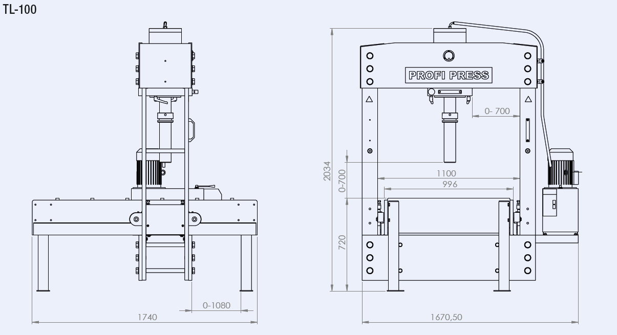 Hydraulic Portal press drawing measurements chart