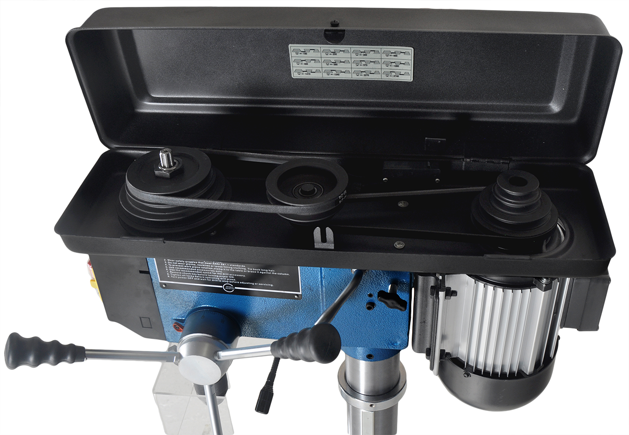 SCANTOOL 16AT Drill Press - Top Lid Open Exposing V Belts and Pulleys for speed change and Maintenance