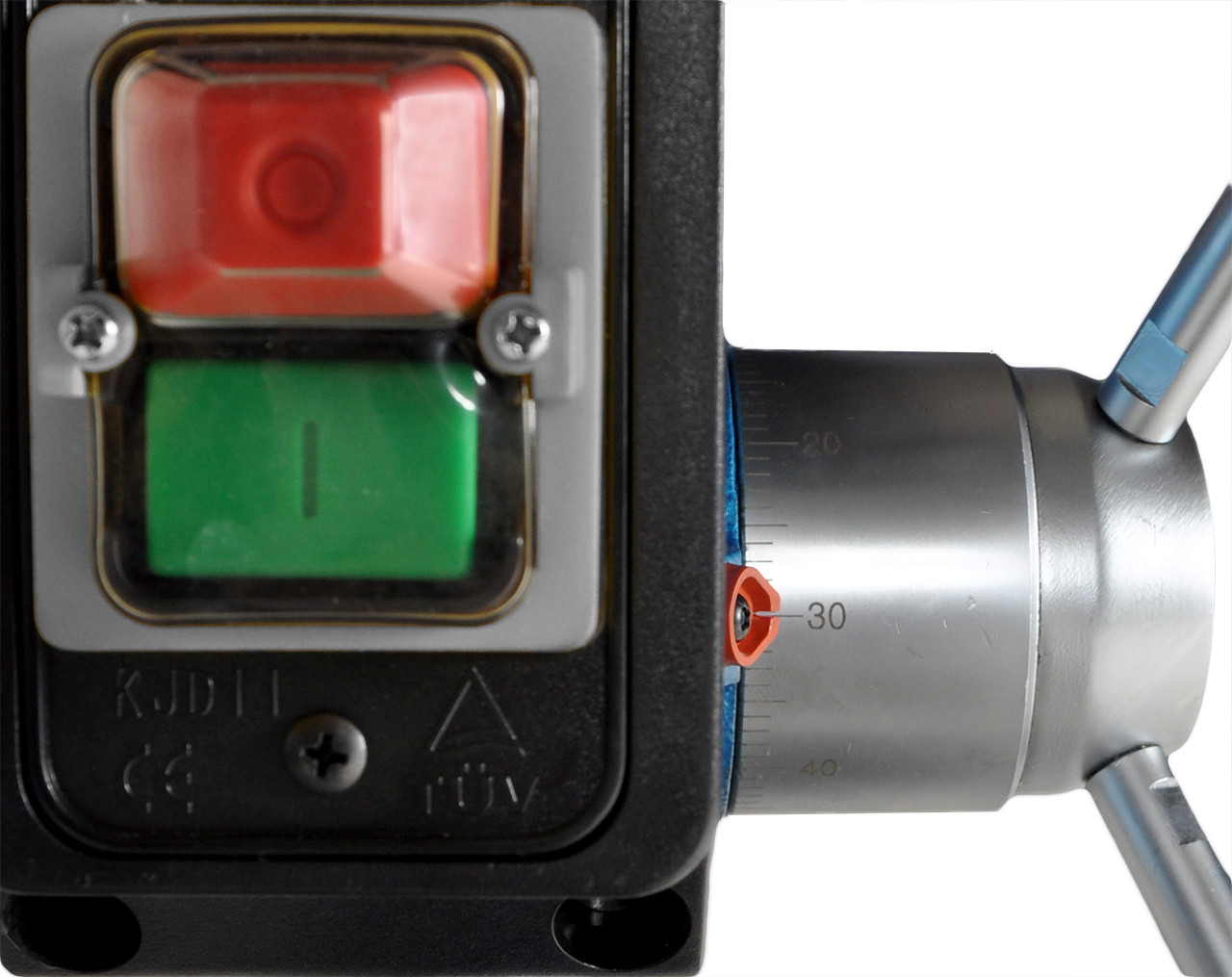 SCANTOOL 16AT Drill Press On/Off Buttons and Depth Gauge on Tiller Wheel