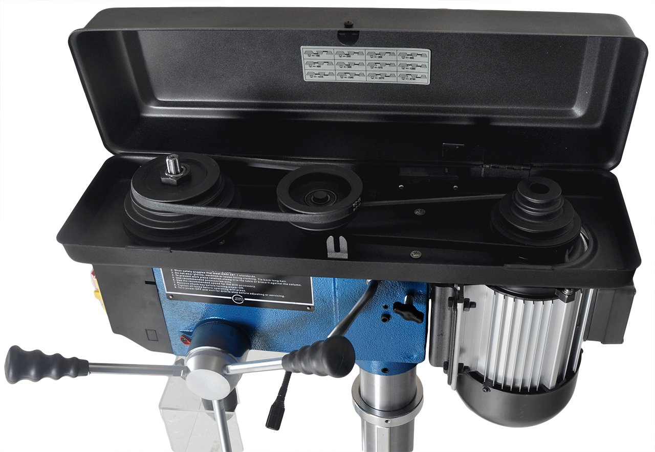 SCANTOOL 16ATF Drill Press with Top Lid Open Exposing V Belts and Pulleys