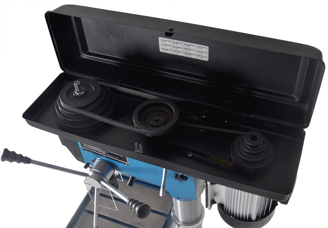 Scantool 25A V-belt driven Pillar drill w Top axis door open to display the V belt and drive pulleys.
