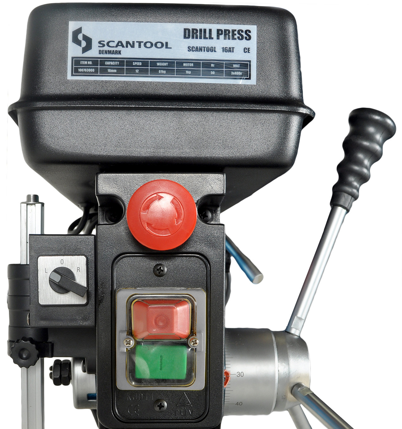 SCANTOOL 16AT Drill Press Headstock with Emergency Stop, Speed Control, On/Off Buttons, and Machine Label