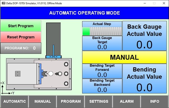 Horizontal Press Brake with Automated Side Gauge Automatic Mode Screen.