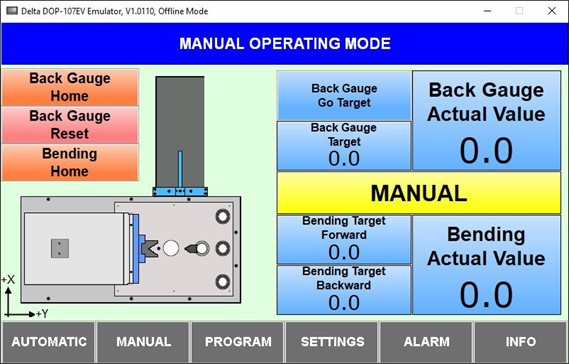 Horizontal Press Brake with Automated Side Gauge Manual Operating Mode Screen.
