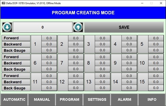Horizontal Press Brake with Automated Side Gauge Program Creating Mode Screen.