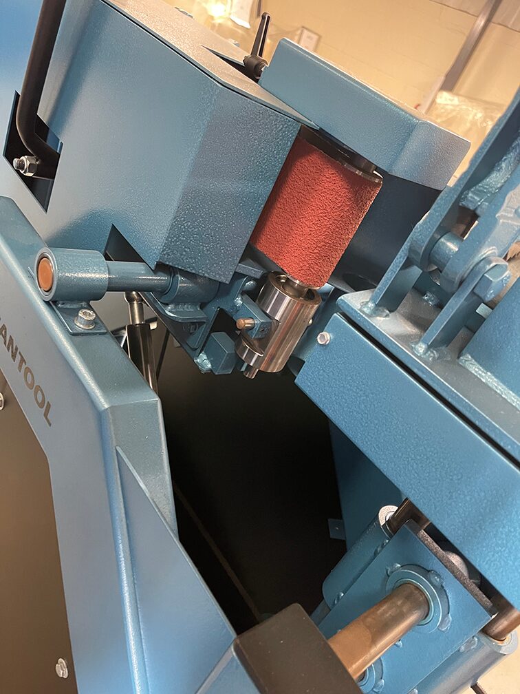 Scantool 100 RS Tube and Pipe Notcher Belt Grinder style front view with belt grinder and roller