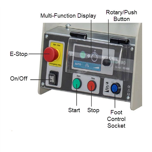 Touch display and control panel of the Merkle D 150 Touch / 150-400 Turntable with emergency stop and rotary switch.