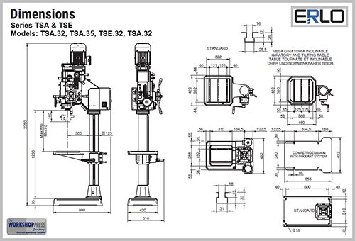 A TSA-32 and TSA-35 pillar drill with dimensions.