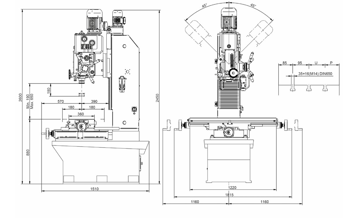 Dimensional drawing showing machine height, installation footprint, table dimensions, table travel, spindle reach and overall machine dimensions for the ERLO TF.35 milling drilling machine.