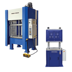 Four column hydraulic presses large and small for stamping metal blanks with precision.