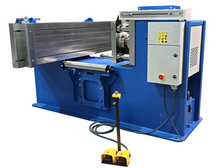 Side view of RHTC Cambering Press side dispaly showing main control box and foot pedal control for manual and automatic modes