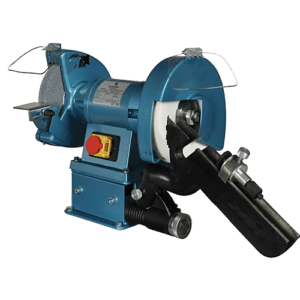 SC200-DGT-A Drill Grinder, close-up grinding wheels, drill bit inserted. Caption: Sharpen drill bits precisely with the SC200-DGT-A grinder's versatile grinding wheels.
