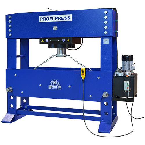 Compact hydraulic workshop press with push-button control, designed for precise and efficient metalworking.