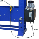 Hydraulic workshop press with push button hand pendant control for precision metalworking, featuring a robust frame and an integrated pressure gauge.