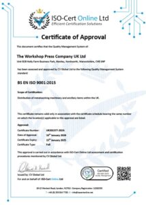 The Workshop Press Company UK Ltd ISO 9001:2015 Certification Emblem - Excellence in Metalworking Machinery Quality Management.