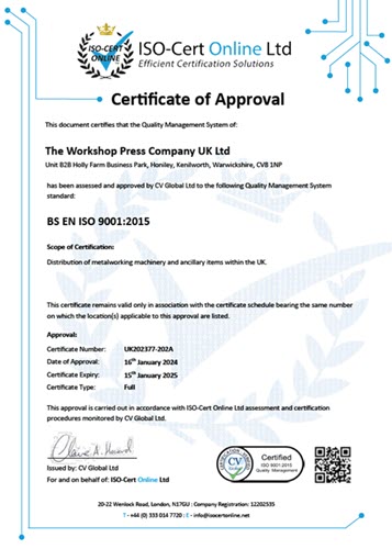 ISO 9001:2015 Quality Management Certification - The Workshop Press Company UK Ltd, Kenilworth.