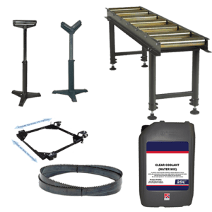 Metal cutting bandsaw accessories such as coolant, blades, roller and support tables, and saw carts