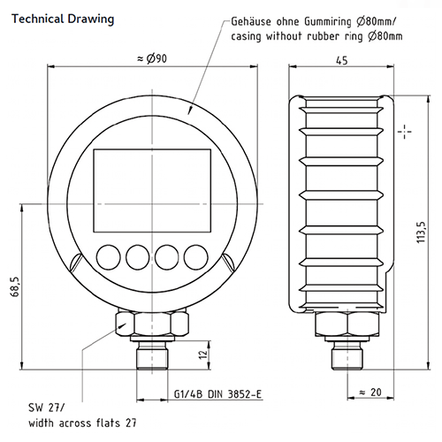 Dimensional Layout of HTE2 Digital Pressure Gauge