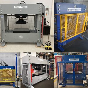 Collage of workshop presses with protective guards, including metal mesh and light curtain photo cells, for enhanced safety.