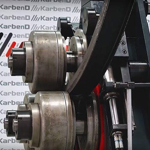 Side view close-up of AMB Series Profile Bender Ring Roller bending a 100 mm I Beam