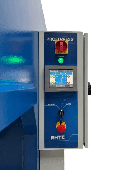 Digital NC control panel of the PPC-100 press with manual/auto mode selector and stroke display.