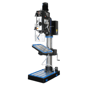 Industrial pillar drill press from the ERLO B Series featuring a tilting rotary table and gear-driven head, ideal for heavy-duty drilling.