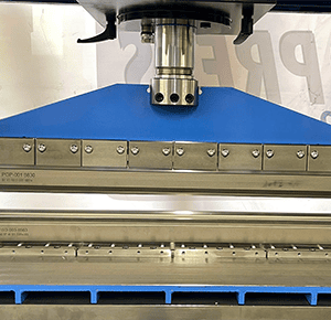 805mm press brake attachment with full-length straight punch and V-die mounted in a hydraulic workshop press