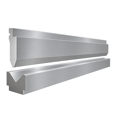 Full-length bull nose press brake punch above a contiguous single V-die block