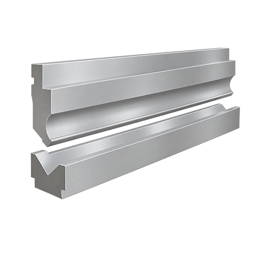 Full-length gooseneck press brake punch above a contiguous single V-die block