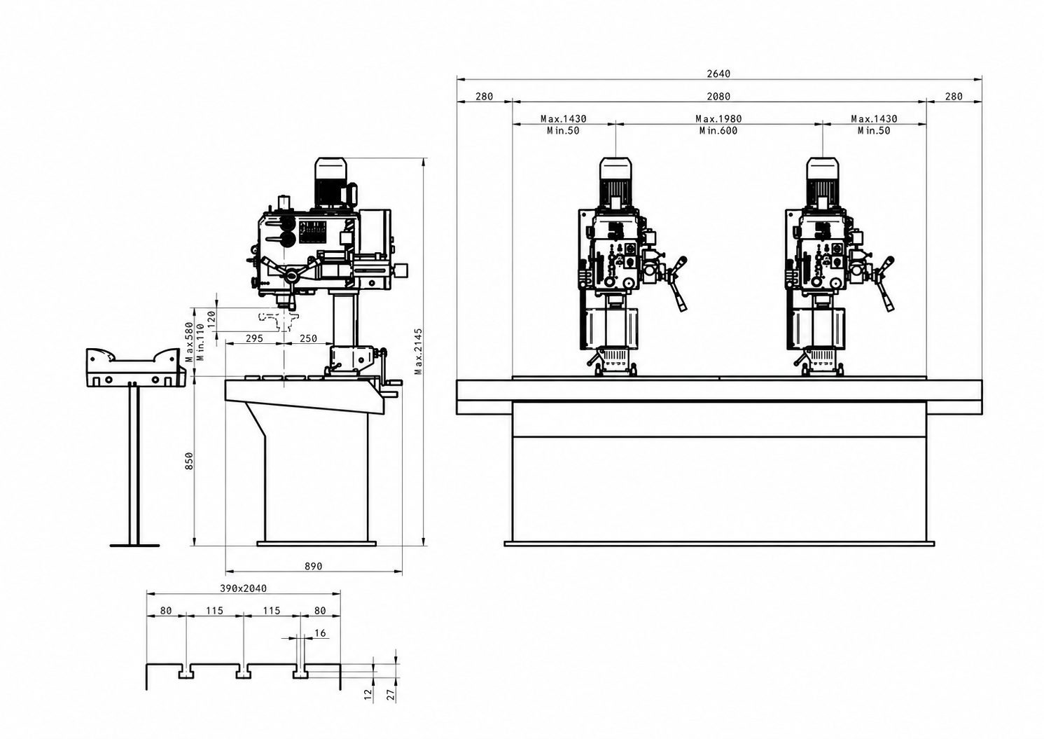 Dimensional drawing of the ERLO 2SE.25 twin-head gang drill showing machine height, worktable dimensions, adjustable head positions and T-slot detail.