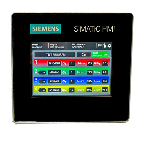 Inserting machine touchscreen showing English programme labels, quantities, return settings and delays